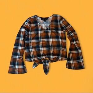 Polly & Esther Brown Plaid Tie-Front Bell Sleeve Blouse